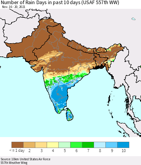Southern Asia Number of Rain Days in past 10 days (USAF 557th WW) Thematic Map For 11/16/2021 - 11/20/2021