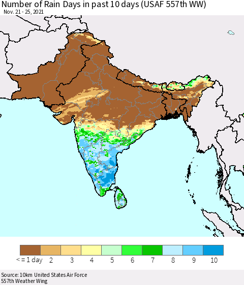 Southern Asia Number of Rain Days in past 10 days (USAF 557th WW) Thematic Map For 11/21/2021 - 11/25/2021
