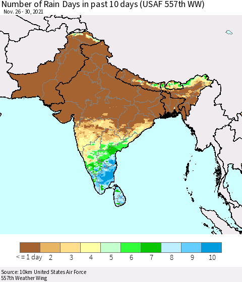 Southern Asia Number of Rain Days in past 10 days (USAF 557th WW) Thematic Map For 11/26/2021 - 11/30/2021
