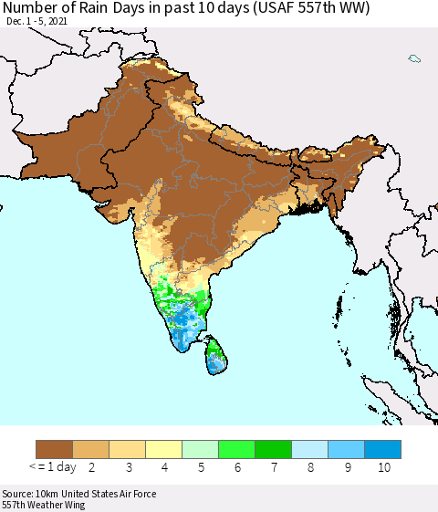 Southern Asia Number of Rain Days in past 10 days (USAF 557th WW) Thematic Map For 12/1/2021 - 12/5/2021