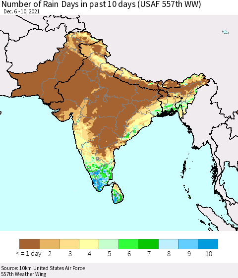 Southern Asia Number of Rain Days in past 10 days (USAF 557th WW) Thematic Map For 12/6/2021 - 12/10/2021