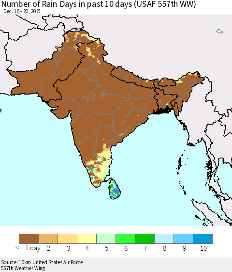 Southern Asia Number of Rain Days in past 10 days (USAF 557th WW) Thematic Map For 12/16/2021 - 12/20/2021