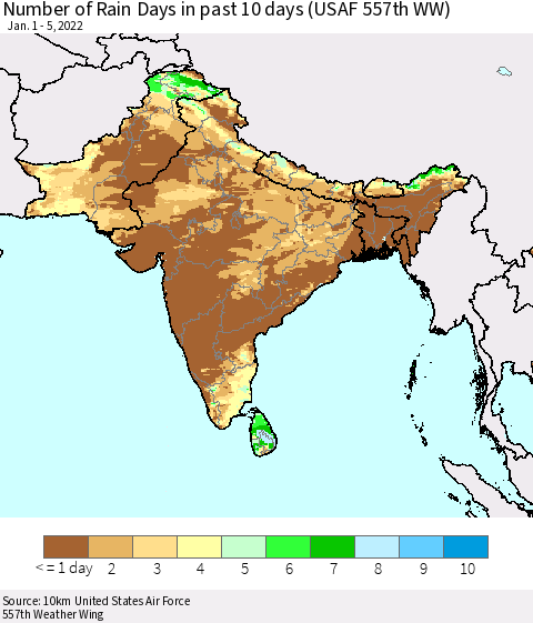 Southern Asia Number of Rain Days in past 10 days (USAF 557th WW) Thematic Map For 1/1/2022 - 1/5/2022
