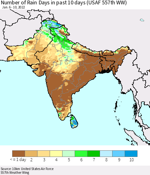 Southern Asia Number of Rain Days in past 10 days (USAF 557th WW) Thematic Map For 1/6/2022 - 1/10/2022