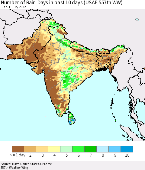 Southern Asia Number of Rain Days in past 10 days (USAF 557th WW) Thematic Map For 1/11/2022 - 1/15/2022