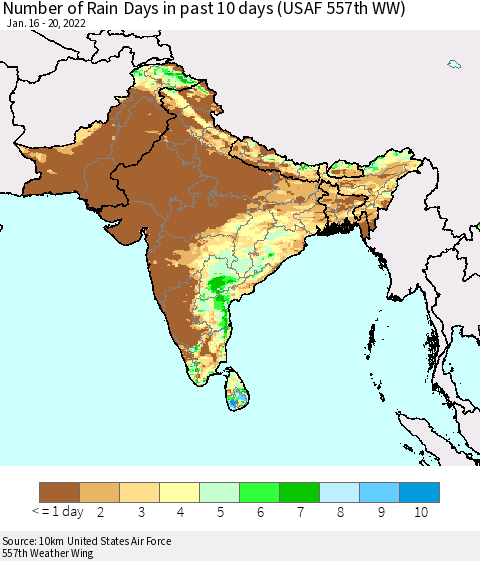 Southern Asia Number of Rain Days in past 10 days (USAF 557th WW) Thematic Map For 1/16/2022 - 1/20/2022