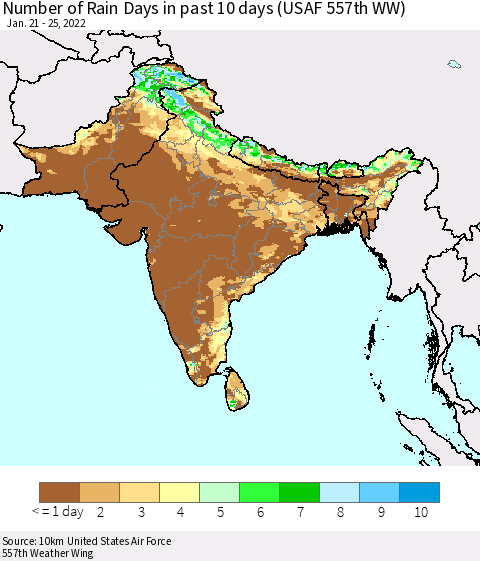 Southern Asia Number of Rain Days in past 10 days (USAF 557th WW) Thematic Map For 1/21/2022 - 1/25/2022