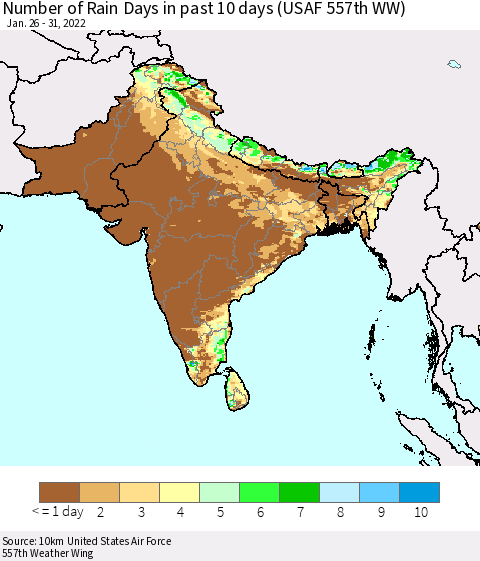 Southern Asia Number of Rain Days in past 10 days (USAF 557th WW) Thematic Map For 1/26/2022 - 1/31/2022