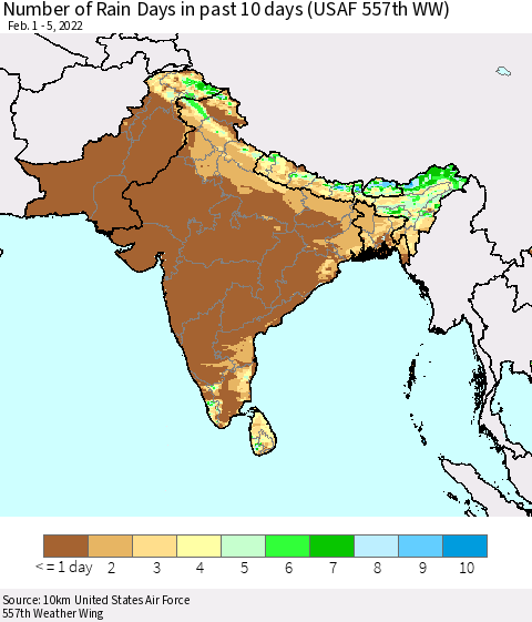 Southern Asia Number of Rain Days in past 10 days (USAF 557th WW) Thematic Map For 2/1/2022 - 2/5/2022