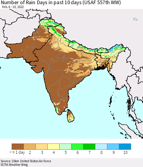 Southern Asia Number of Rain Days in past 10 days (USAF 557th WW) Thematic Map For 2/6/2022 - 2/10/2022