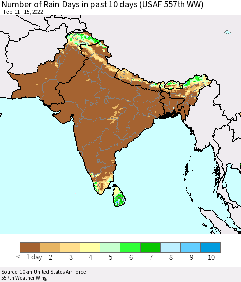 Southern Asia Number of Rain Days in past 10 days (USAF 557th WW) Thematic Map For 2/11/2022 - 2/15/2022