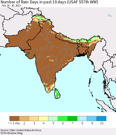 Southern Asia Number of Rain Days in past 10 days (USAF 557th WW) Thematic Map For 2/16/2022 - 2/20/2022