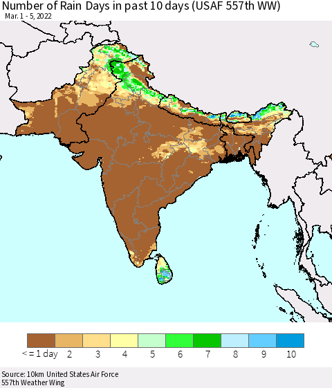 Southern Asia Number of Rain Days in past 10 days (USAF 557th WW) Thematic Map For 3/1/2022 - 3/5/2022