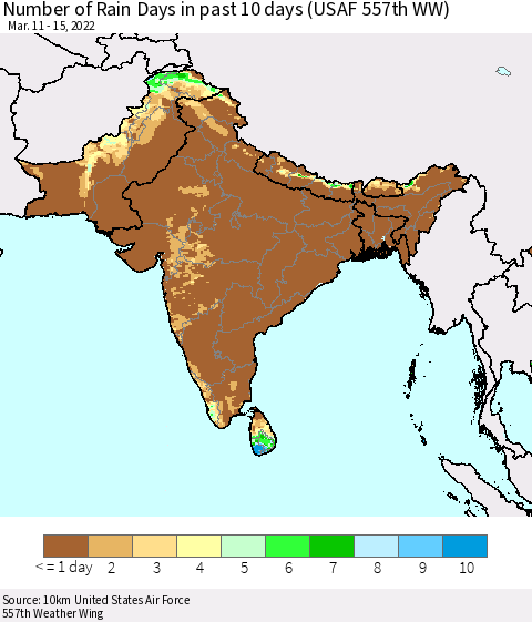 Southern Asia Number of Rain Days in past 10 days (USAF 557th WW) Thematic Map For 3/11/2022 - 3/15/2022
