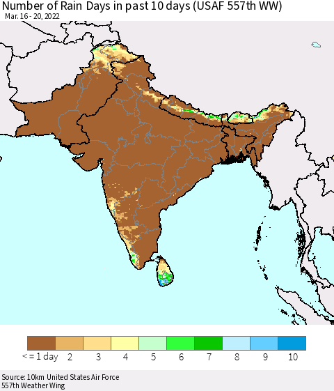 Southern Asia Number of Rain Days in past 10 days (USAF 557th WW) Thematic Map For 3/16/2022 - 3/20/2022