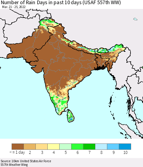 Southern Asia Number of Rain Days in past 10 days (USAF 557th WW) Thematic Map For 3/21/2022 - 3/25/2022