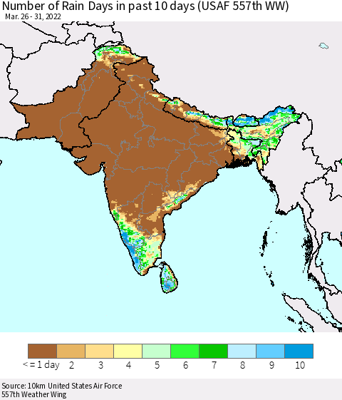 Southern Asia Number of Rain Days in past 10 days (USAF 557th WW) Thematic Map For 3/26/2022 - 3/31/2022