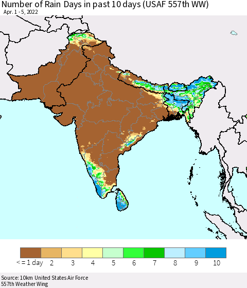 Southern Asia Number of Rain Days in past 10 days (USAF 557th WW) Thematic Map For 4/1/2022 - 4/5/2022