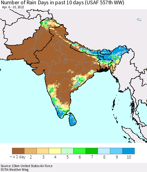 Southern Asia Number of Rain Days in past 10 days (USAF 557th WW) Thematic Map For 4/6/2022 - 4/10/2022