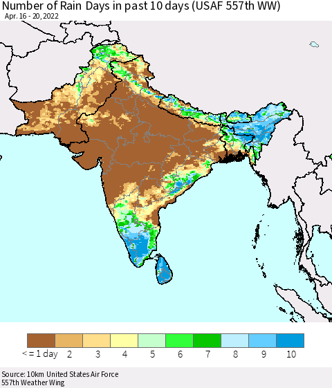 Southern Asia Number of Rain Days in past 10 days (USAF 557th WW) Thematic Map For 4/16/2022 - 4/20/2022