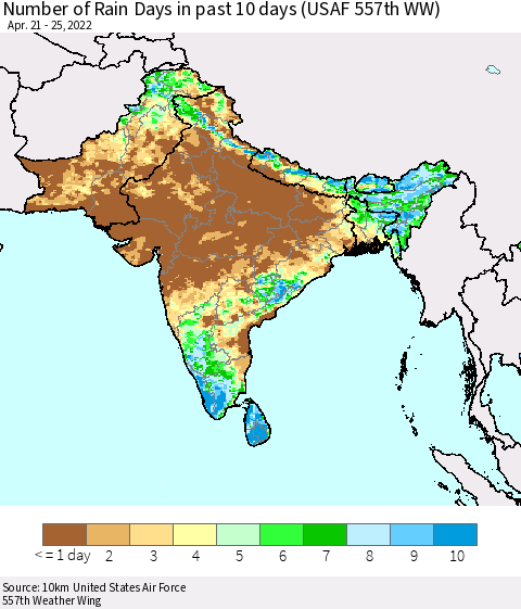 Southern Asia Number of Rain Days in past 10 days (USAF 557th WW) Thematic Map For 4/21/2022 - 4/25/2022