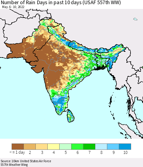 Southern Asia Number of Rain Days in past 10 days (USAF 557th WW) Thematic Map For 5/6/2022 - 5/10/2022