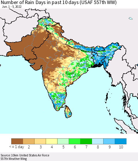 Southern Asia Number of Rain Days in past 10 days (USAF 557th WW) Thematic Map For 6/1/2022 - 6/5/2022