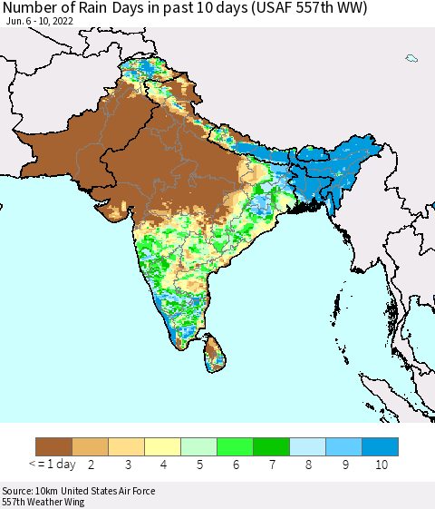 Southern Asia Number of Rain Days in past 10 days (USAF 557th WW) Thematic Map For 6/6/2022 - 6/10/2022