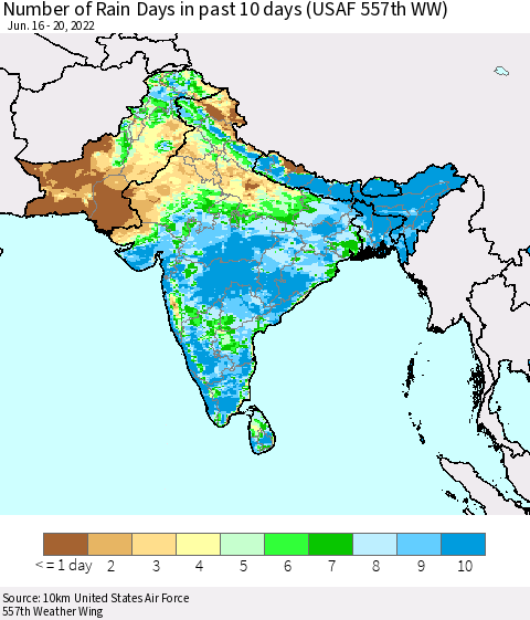 Southern Asia Number of Rain Days in past 10 days (USAF 557th WW) Thematic Map For 6/16/2022 - 6/20/2022