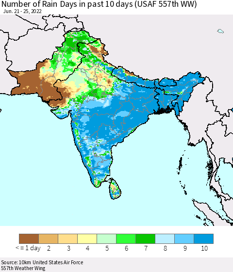 Southern Asia Number of Rain Days in past 10 days (USAF 557th WW) Thematic Map For 6/21/2022 - 6/25/2022