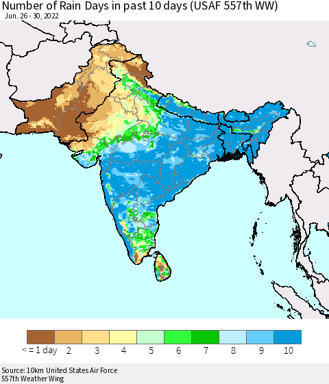 Southern Asia Number of Rain Days in past 10 days (USAF 557th WW) Thematic Map For 6/26/2022 - 6/30/2022