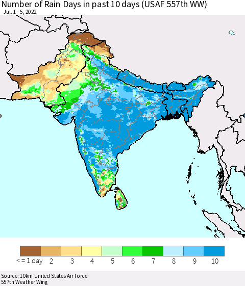 Southern Asia Number of Rain Days in past 10 days (USAF 557th WW) Thematic Map For 7/1/2022 - 7/5/2022