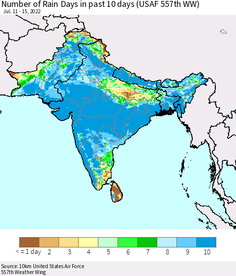 Southern Asia Number of Rain Days in past 10 days (USAF 557th WW) Thematic Map For 7/11/2022 - 7/15/2022