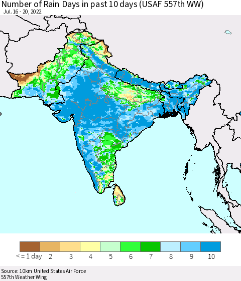 Southern Asia Number of Rain Days in past 10 days (USAF 557th WW) Thematic Map For 7/16/2022 - 7/20/2022