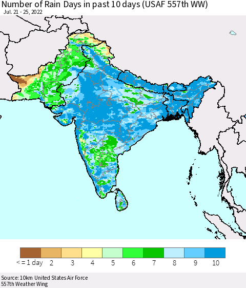 Southern Asia Number of Rain Days in past 10 days (USAF 557th WW) Thematic Map For 7/21/2022 - 7/25/2022