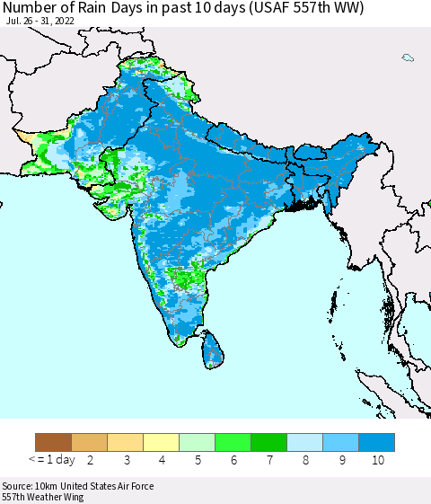 Southern Asia Number of Rain Days in past 10 days (USAF 557th WW) Thematic Map For 7/26/2022 - 7/31/2022