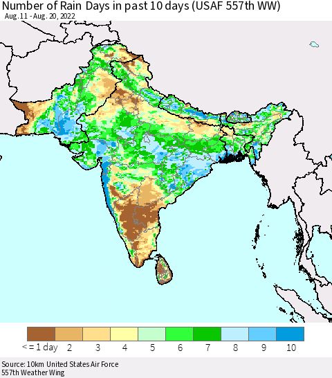 Southern Asia Number of Rain Days in past 10 days (USAF 557th WW) Thematic Map For 8/16/2022 - 8/20/2022