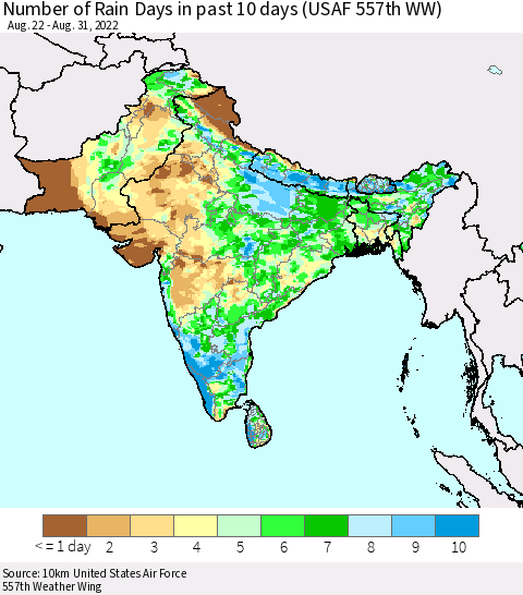 Southern Asia Number of Rain Days in past 10 days (USAF 557th WW) Thematic Map For 8/26/2022 - 8/31/2022