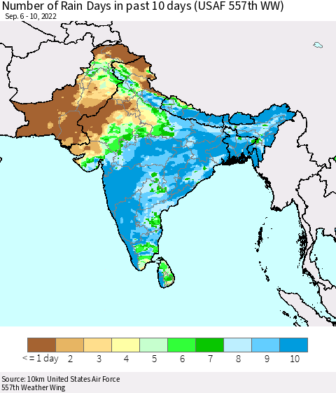 Southern Asia Number of Rain Days in past 10 days (USAF 557th WW) Thematic Map For 9/6/2022 - 9/10/2022