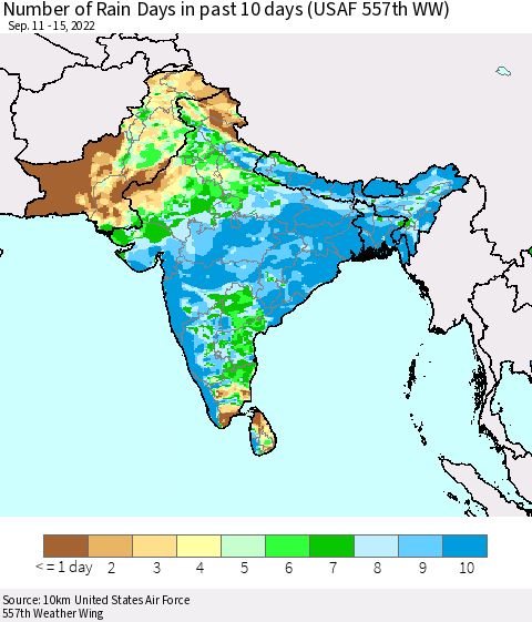 Southern Asia Number of Rain Days in past 10 days (USAF 557th WW) Thematic Map For 9/11/2022 - 9/15/2022