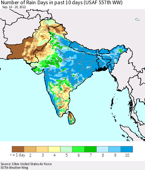 Southern Asia Number of Rain Days in past 10 days (USAF 557th WW) Thematic Map For 9/16/2022 - 9/20/2022