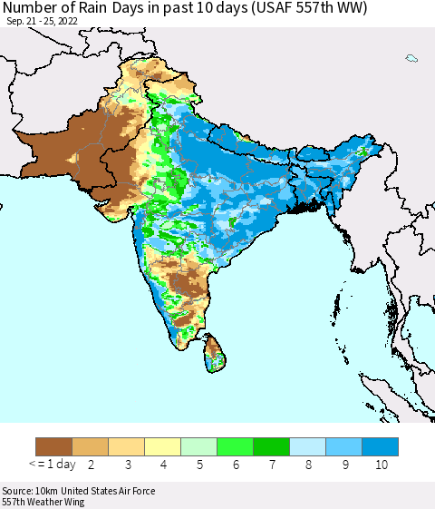 Southern Asia Number of Rain Days in past 10 days (USAF 557th WW) Thematic Map For 9/21/2022 - 9/25/2022