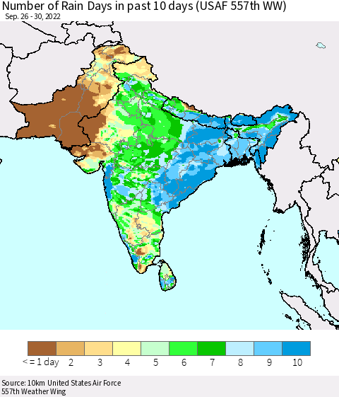 Southern Asia Number of Rain Days in past 10 days (USAF 557th WW) Thematic Map For 9/26/2022 - 9/30/2022