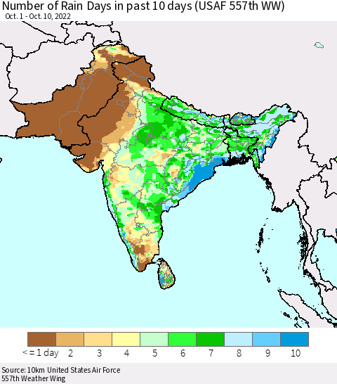Southern Asia Number of Rain Days in past 10 days (USAF 557th WW) Thematic Map For 10/6/2022 - 10/10/2022