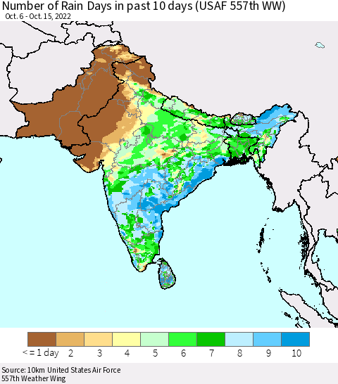 Southern Asia Number of Rain Days in past 10 days (USAF 557th WW) Thematic Map For 10/11/2022 - 10/15/2022