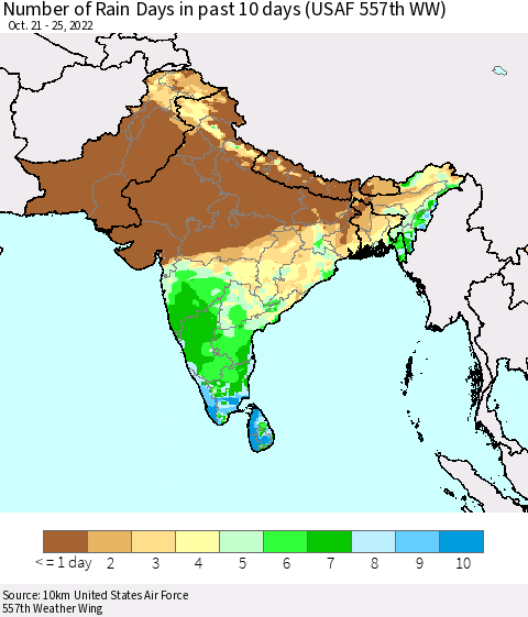 Southern Asia Number of Rain Days in past 10 days (USAF 557th WW) Thematic Map For 10/21/2022 - 10/25/2022