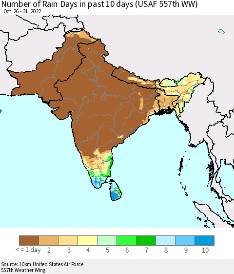Southern Asia Number of Rain Days in past 10 days (USAF 557th WW) Thematic Map For 10/26/2022 - 10/31/2022