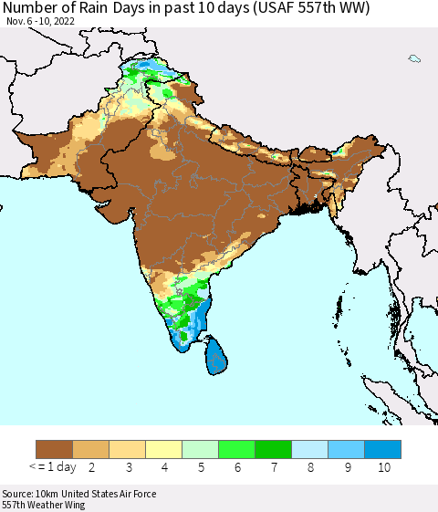 Southern Asia Number of Rain Days in past 10 days (USAF 557th WW) Thematic Map For 11/6/2022 - 11/10/2022