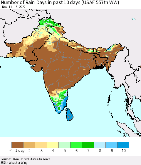 Southern Asia Number of Rain Days in past 10 days (USAF 557th WW) Thematic Map For 11/11/2022 - 11/15/2022