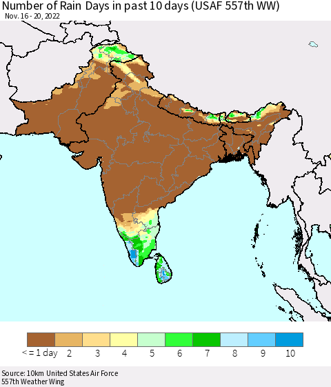 Southern Asia Number of Rain Days in past 10 days (USAF 557th WW) Thematic Map For 11/16/2022 - 11/20/2022